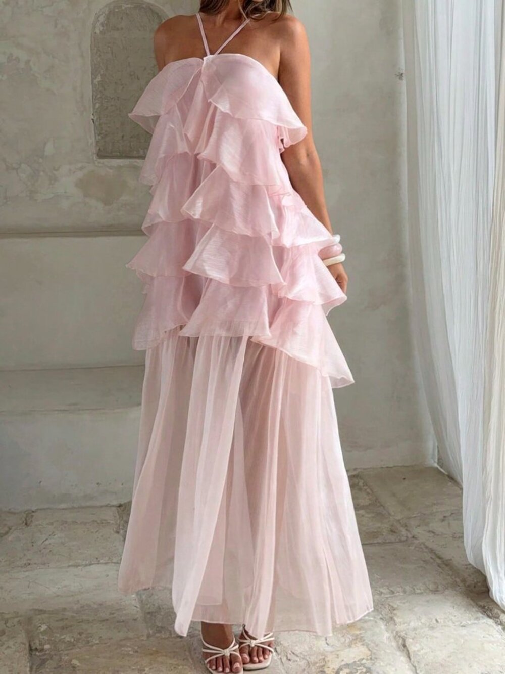 Pink Elegant Bohemian Women's Party Halter Dress with Layered Ruffle - Picture 6 of 8